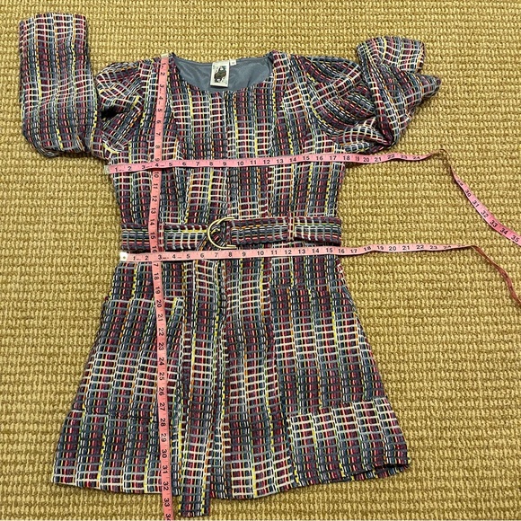 Queen of Sparkles Denim Tweed Plaid Long Sleeve Poof Sleeve Dress Medium - Picture 5 of 13